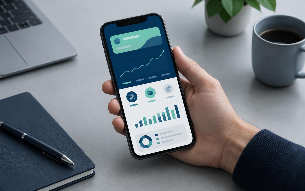 Mobile banking dashboard used to review savings performance